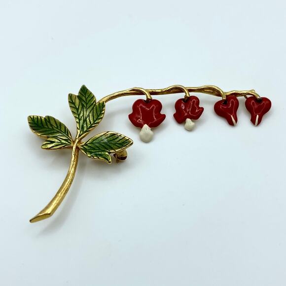 Vintage Bleeding Heart Brooch Ca 1950s Gold Tone Enamel Painted Metal - Picture 1 of 6